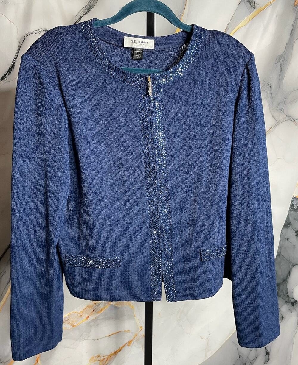 St. John Blue Embellished Full Knit Sweater Sz.16